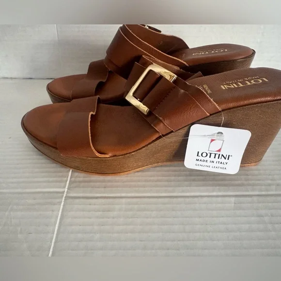 Lottini Italian Leather Brown Leather Wedge Sandals Gold Buckle Slides shoes 9 - Picture 3 of 6